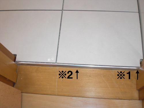 【4】既存の床の上にタイルを貼った為、建具との取合いに生じた段差(※1)を、アルミ金具でカバーする(※2)。